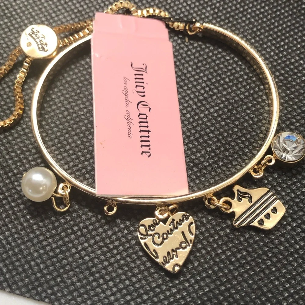 Juicy Couture gold plated pearl heart‎ charm bracelet bangle new